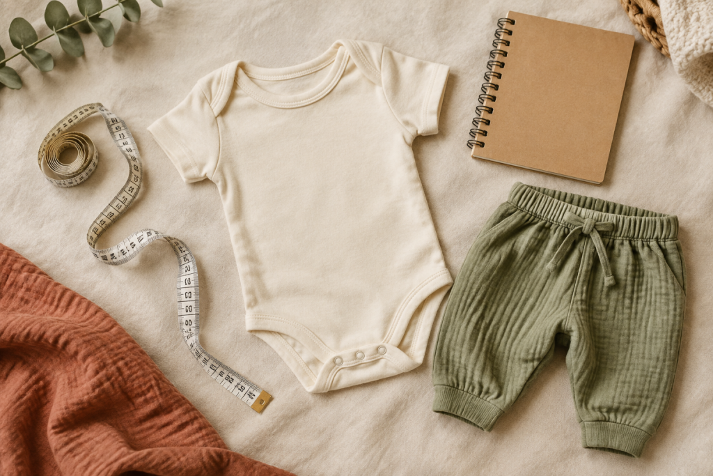 Cinta métrica de tela junto a un body infantil crema extendido.