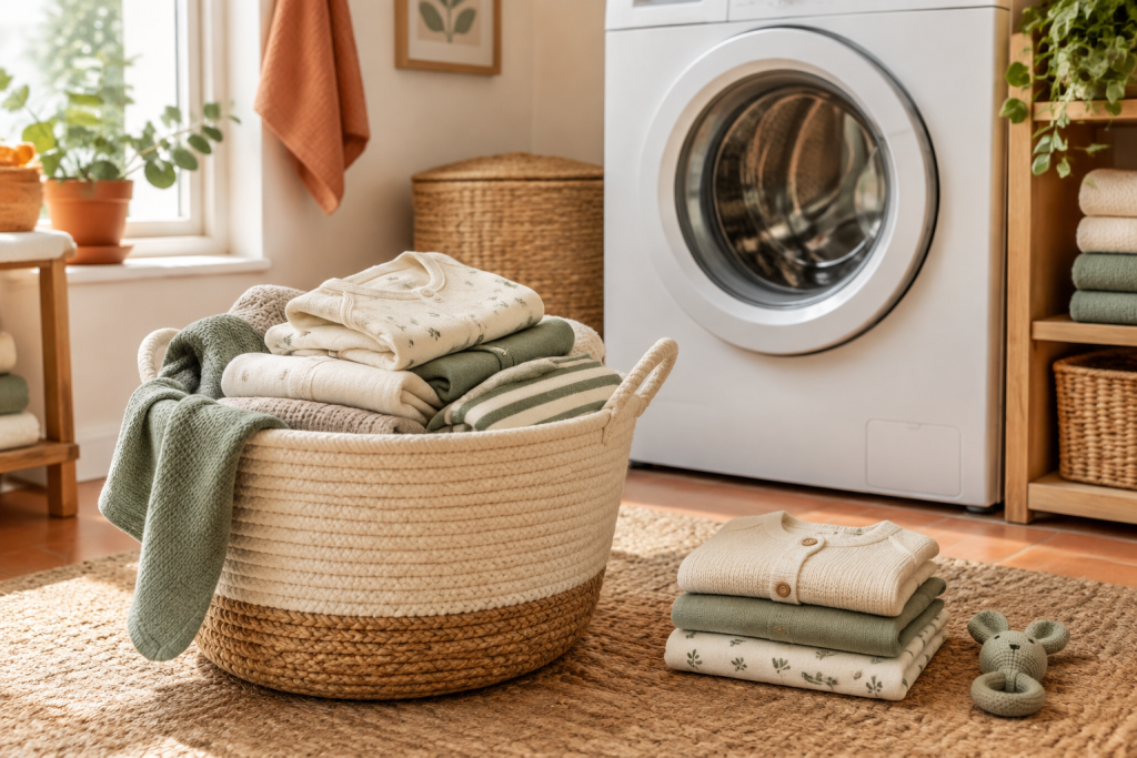Cesta de algodón con ropa infantil crema y salvia doblada junto a una lavadora cerrada.